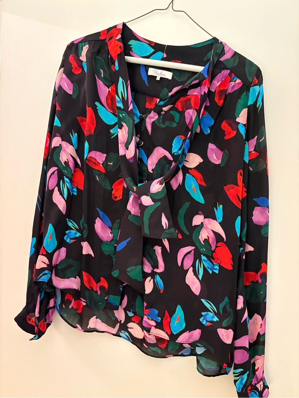 Parker Black Floral Tie-Neck Blouse - Pink Red Teal Green